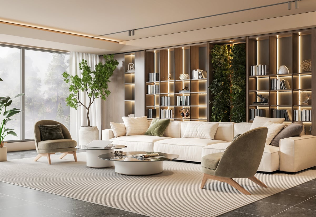 Elegantly designed spacious modern living room with comfort and style, bright natural light