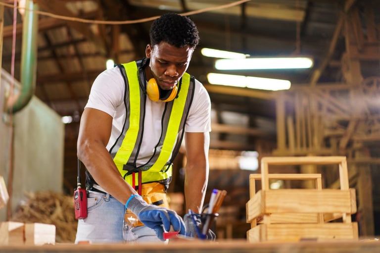 An African carpenter in a woodworking workshop carefully inspecting a sawn wooden plank with focus and precision.
