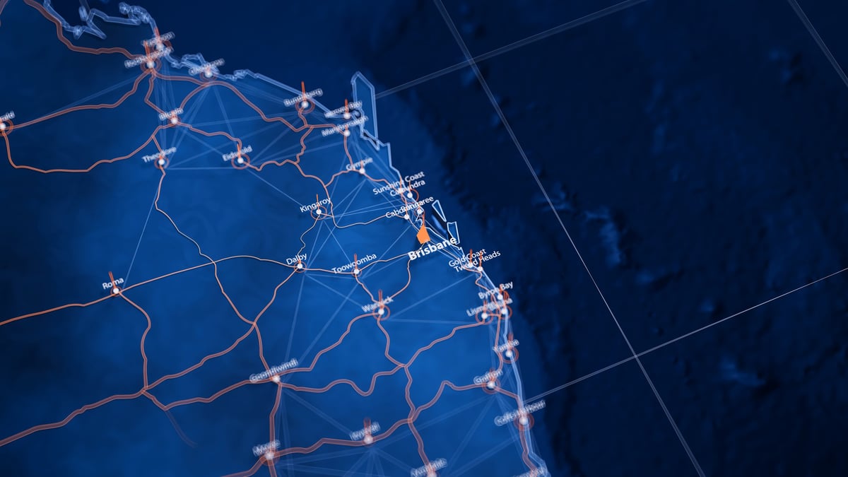 Brisbane map big data visualization. Futuristic map infographic of city in Australia. Visual map data complexity in modern blue and orange colors.