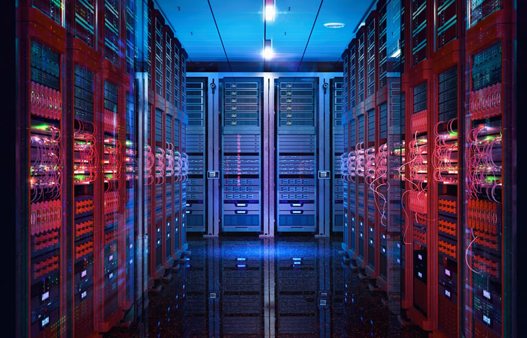 Data center server racks. IT modern hardware server room, data storage center, database information system. Hosting, it data backup, computing technology service, network security, cybersecurity, artificial intelligence supercomputers.