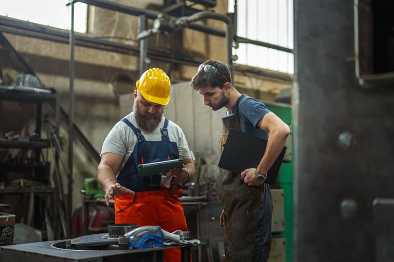 Two factory workers in overalls and safety gear review plans and a digital tablet on the shop floor, mentoring an apprentice.