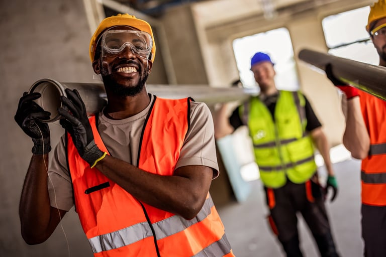 Close-up of a builder holding a large metal pipe on his shoulder with a colleague supporting the other end on a renovation site.