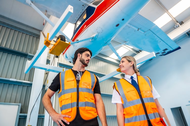 Aviation instructor and student in reflective safety vests standing beneath a light aircraft inside a hangar, discussing maintenance and training plans.