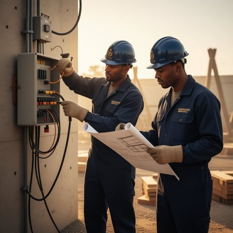 Two construction workers in hard hats and safety gear reviewing blueprints while inspecting electrical panel on a construction site