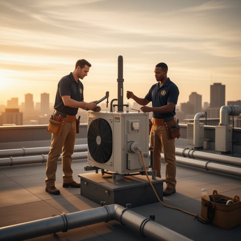 Two HVAC technicians installing air conditioning unit on rooftop with city skyline at sunset