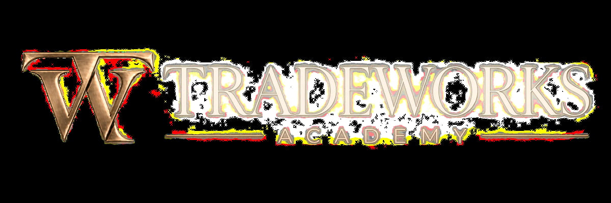 Tradeworks Academy logo featuring golden text with ornate styling on a dark background