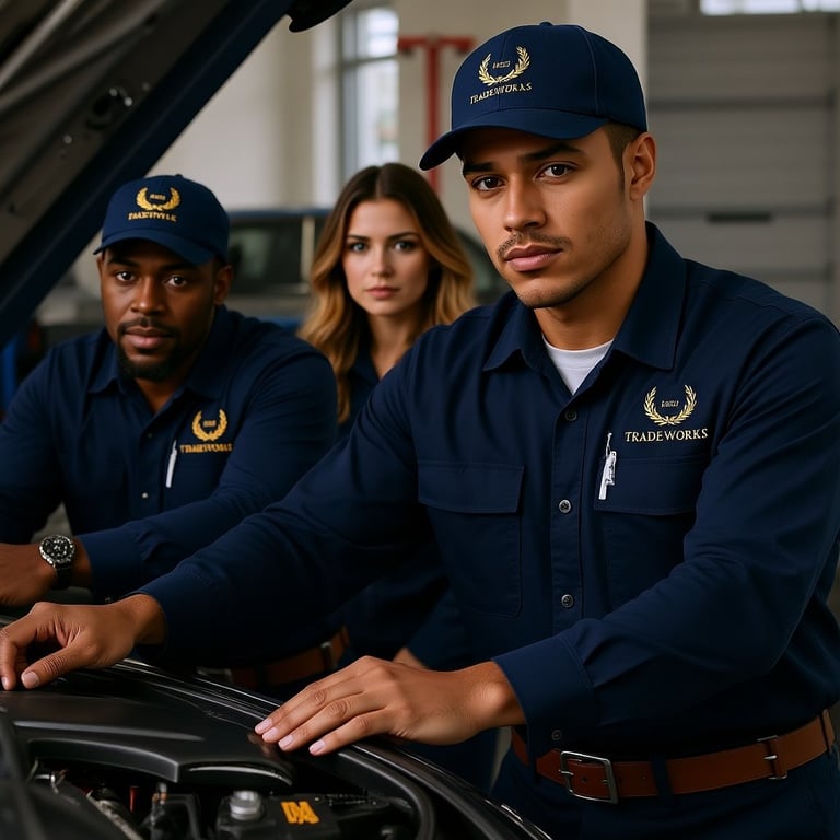 Three mechanics in navy TradeWorks uniforms and caps examining an open car engine in a garage