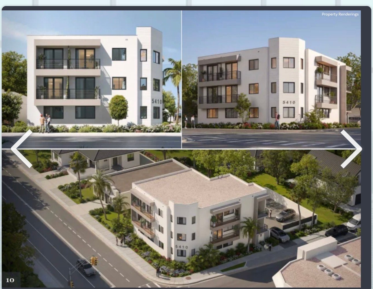 Three modern residential apartment buildings with white and beige facades shown from different exterior angles