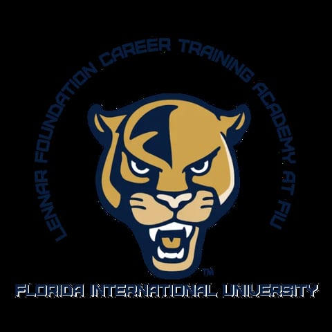 Florida International University Panther logo with gold and navy blue colors, featuring a fierce panther head and Lerner Foundation Career Training Program text