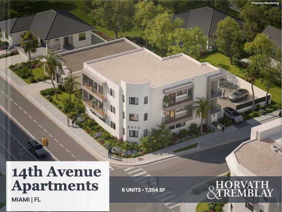 Aerial rendering of 14th Avenue Apartments, a modern 6-unit residential building in Miami with beige facade and palm trees
