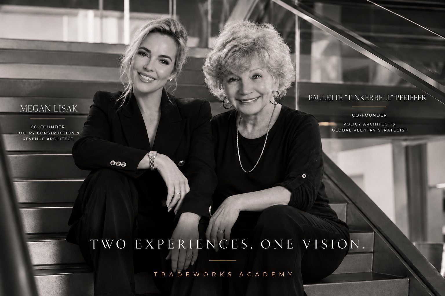 Two women in black outfits posing together in black and white, with text reading Two Experiences, One Vision and Tradeworks Academy
