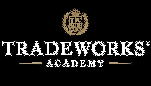 Tradeworks Academy logo featuring a gold crest and white text on black background