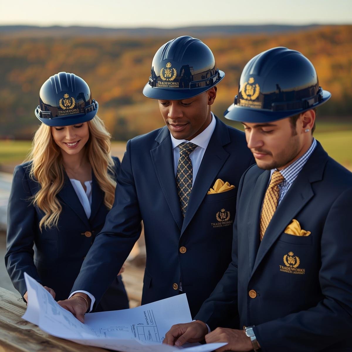 Three construction professionals in navy blazers and hard hats reviewing blueprints outdoors at a job site