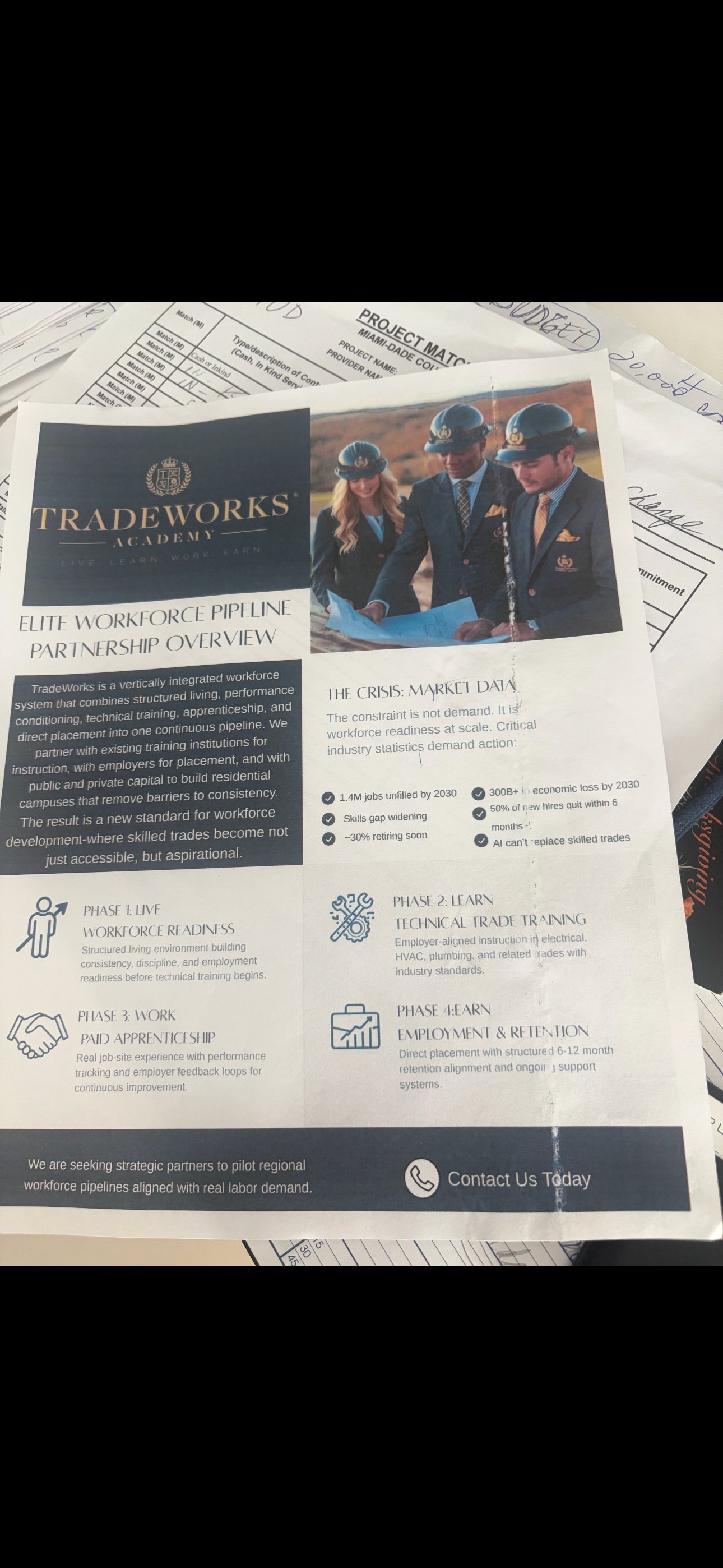 Tradeworks Academy workforce pipeline partnership overview brochure showing four professionals in business attire and program phases