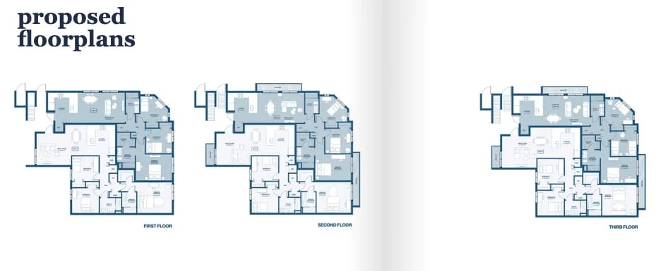 Three proposed residential floor plans showing different layouts with multiple rooms and spaces in light blue tones
