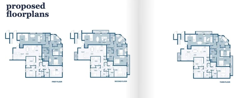 Three proposed residential floor plans showing different layouts with multiple rooms and spaces in light blue tones