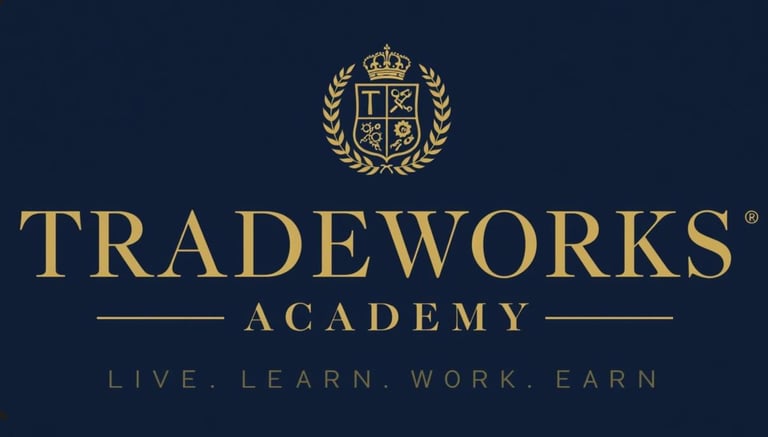 Tradeworks Academy logo with gold crest and text on dark blue background, tagline reads Live Learn Work Earn