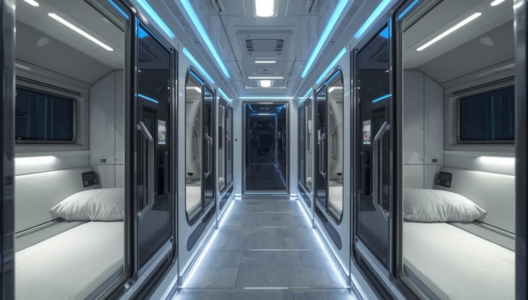 Modern futuristic spacecraft corridor with glowing blue LED lights, white beds on both sides, and metallic walls