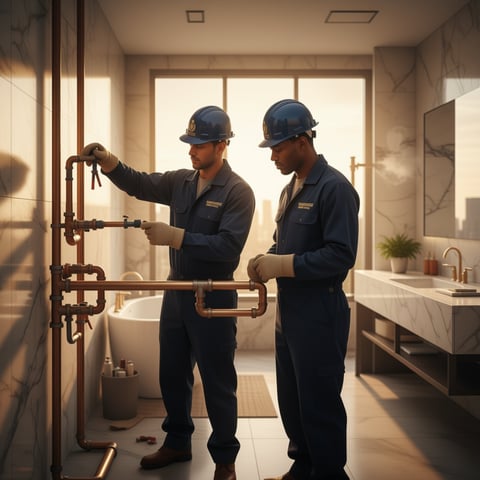 Two plumbers in hard hats and uniforms working on copper pipes in a modern bathroom during installation or maintenance