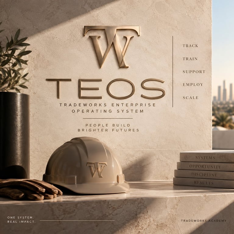 TEOS logo and branding display with construction helmet, books, and plant on a beige shelf showing enterprise training system