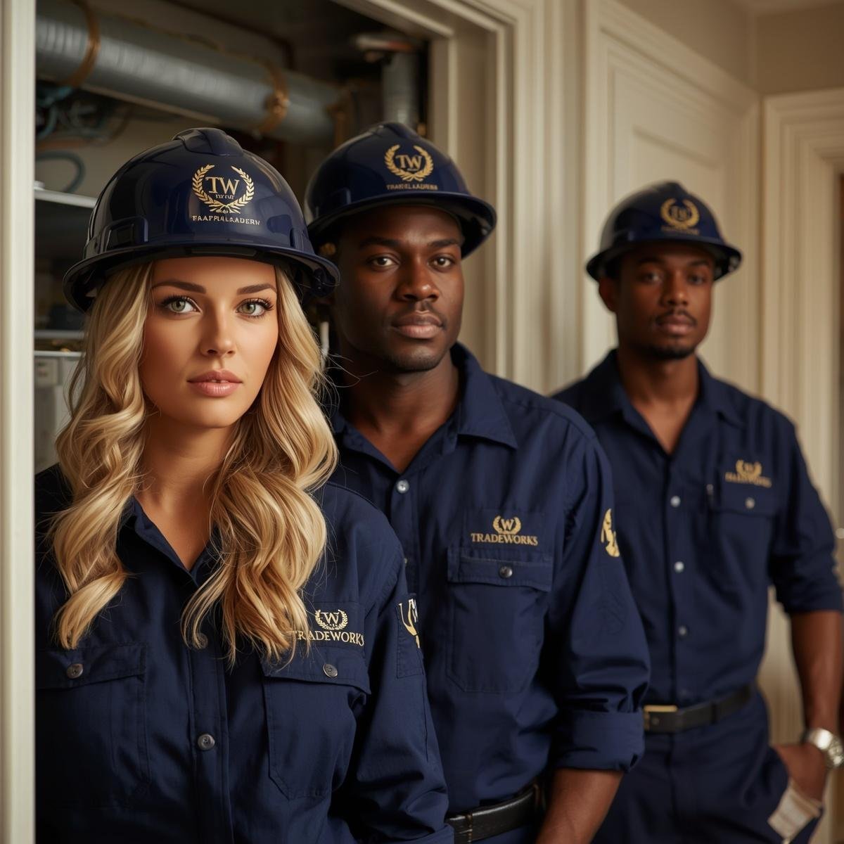 Three uniformed workers in matching navy TradeWorks jumpsuits and hard hats standing indoors