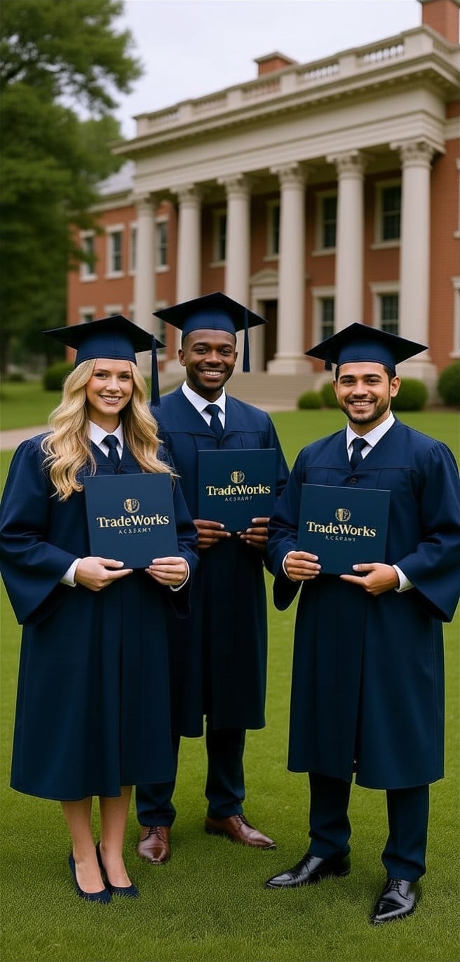 Three graduates in navy caps and gowns holding diplomas stand on a lawn in front of a brick building with white columns