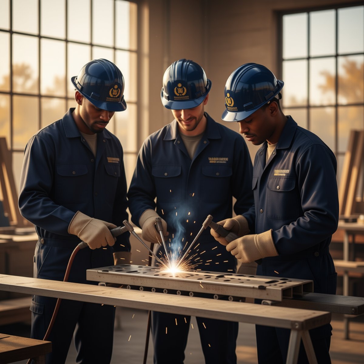 Three construction workers welding metal together in a factory, wearing blue hard hats, work clothes, and safety gloves with sparks flying