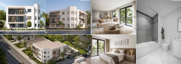 Collage showing modern apartment building exteriors, bedroom, living room, and bathroom interior designs