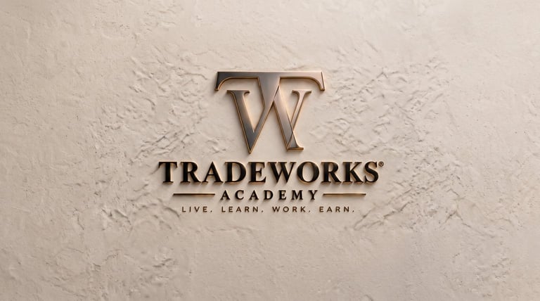Tradeworks Academy logo with TW initials and tagline Live Learn Work Earn on textured beige wall
