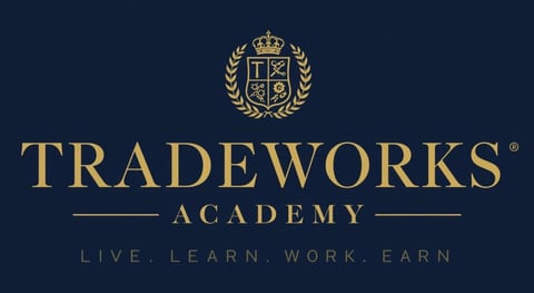Tradeworks Academy logo with crest emblem and motto Live. Learn. Work. Earn on dark background